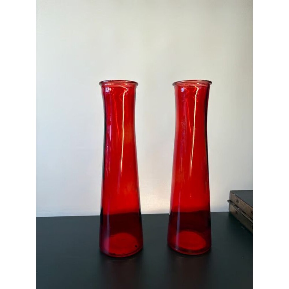 Pair Ruby Red Glass Bud Vases Tapered Cylinder 9 Inch Deep Red Tall Set